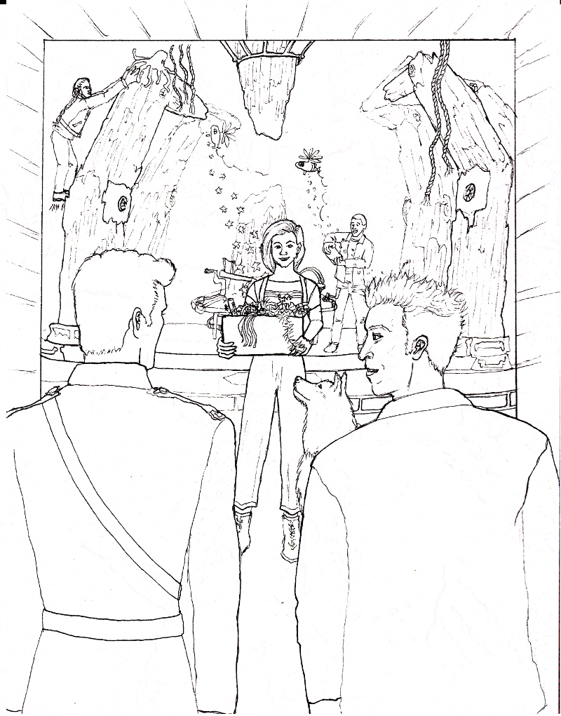 two men looking into the Tardis, the family decorating